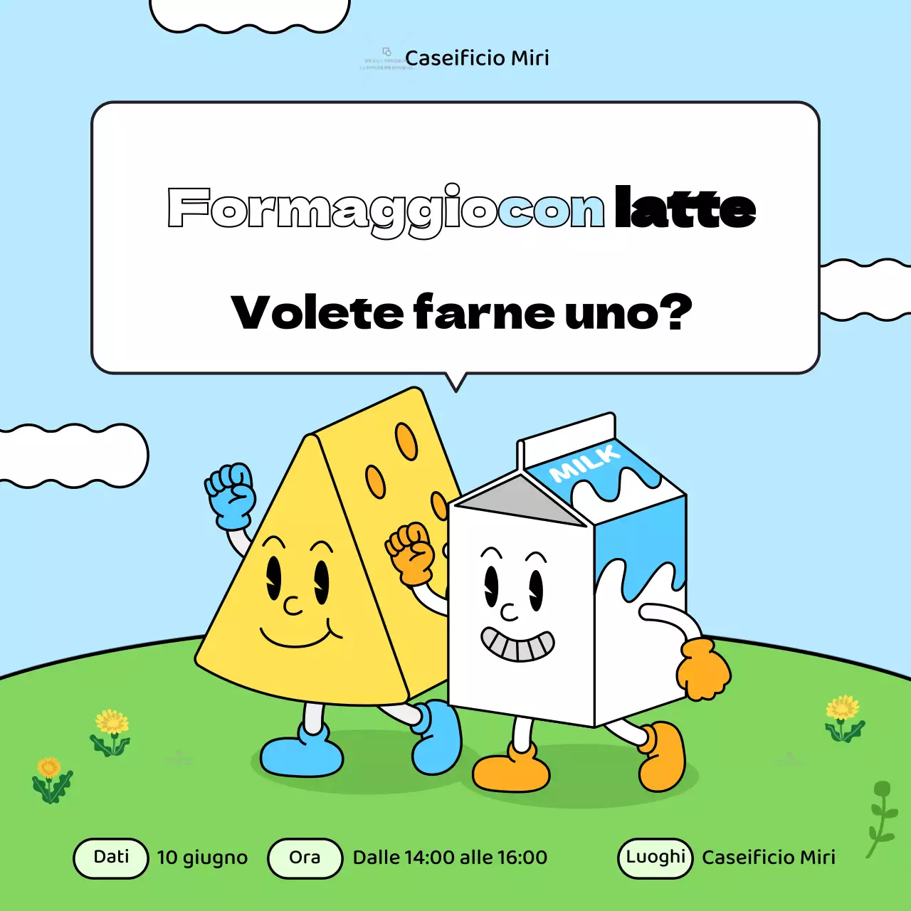 Promuovere un'esperienza di fattoria lattiero-casearia minimalista in blu e giallo.