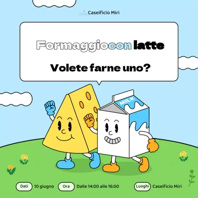 Promuovere un'esperienza di fattoria lattiero-casearia minimalista in blu e giallo.