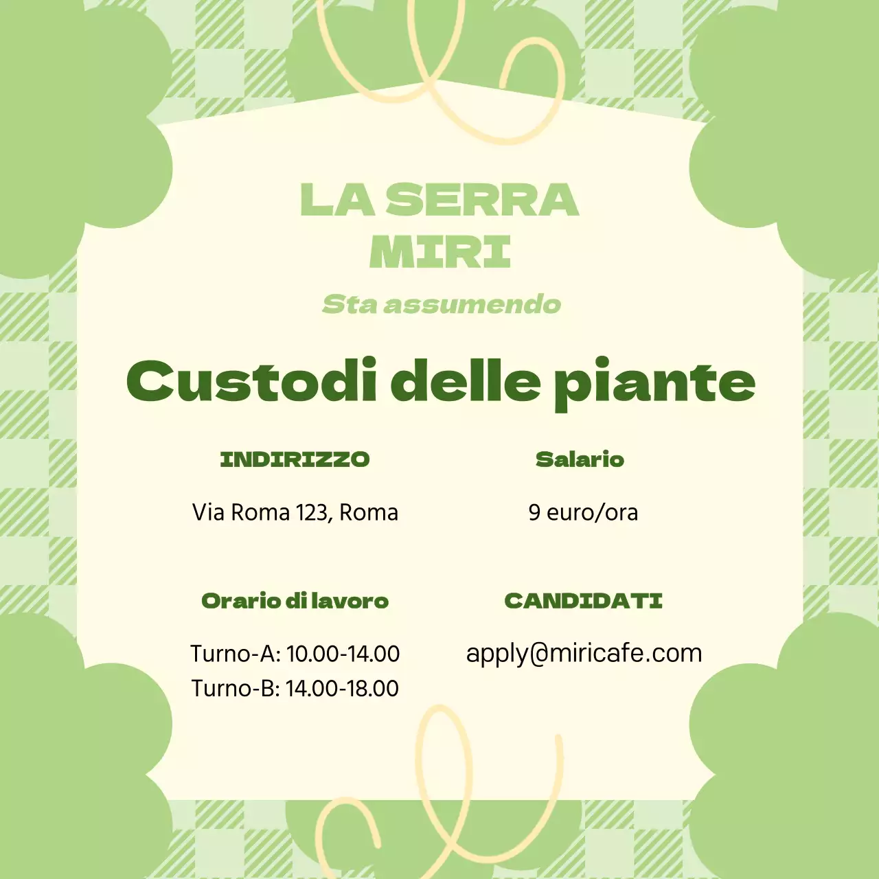 Annuncio di lavoro con sfondo verde pastello a quadri e decorazione floreale V1