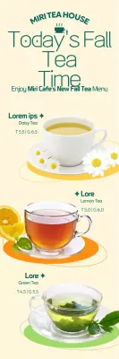 A cafe menu with colorful geometric graphics and a photo of a warm fall seasonal tea.