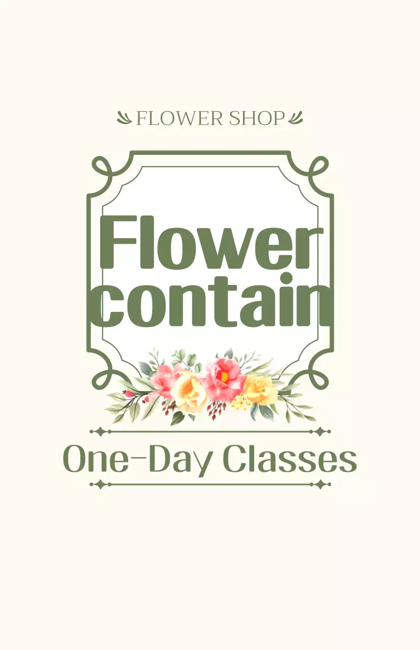 Promover uma aula de um dia com texto em verde e marfim e ilustrações florais