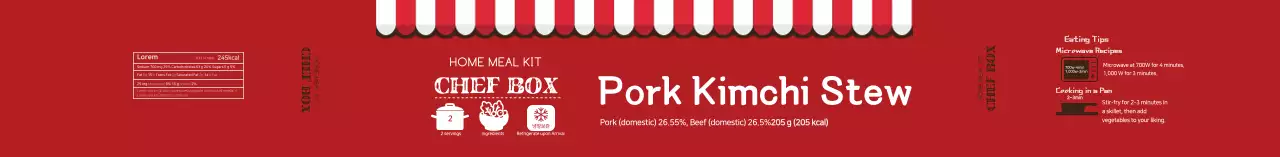 Label rebusan kimchi babi bergambar merah