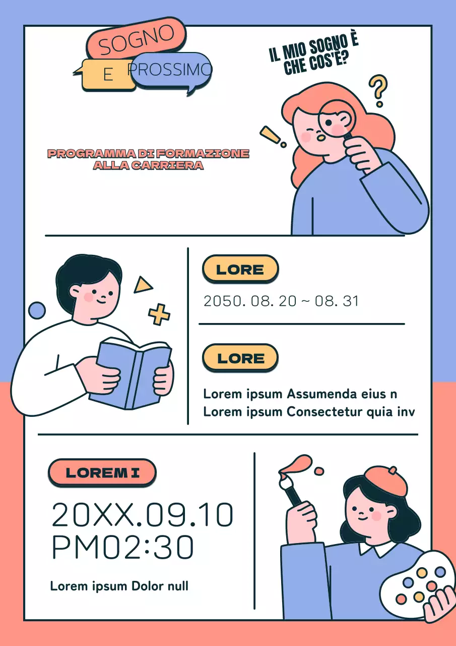 Simpatiche illustrazioni in azzurro e rosa chiaro per i programmi di educazione alla carriera