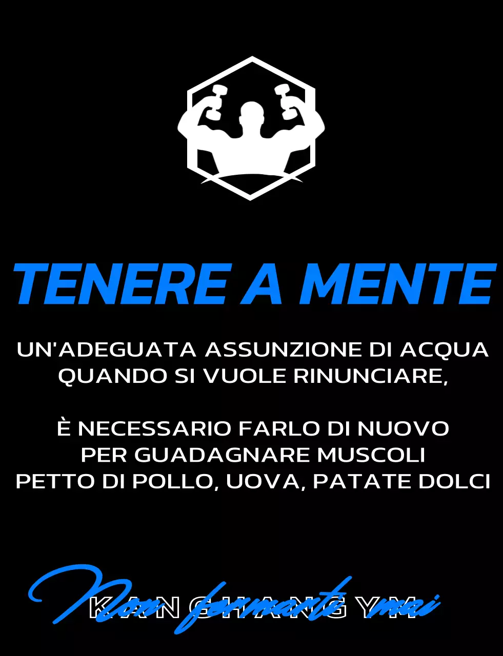 Un design riservato ai soci della palestra con un logo nero e blu e un testo relativo all'allenamento.