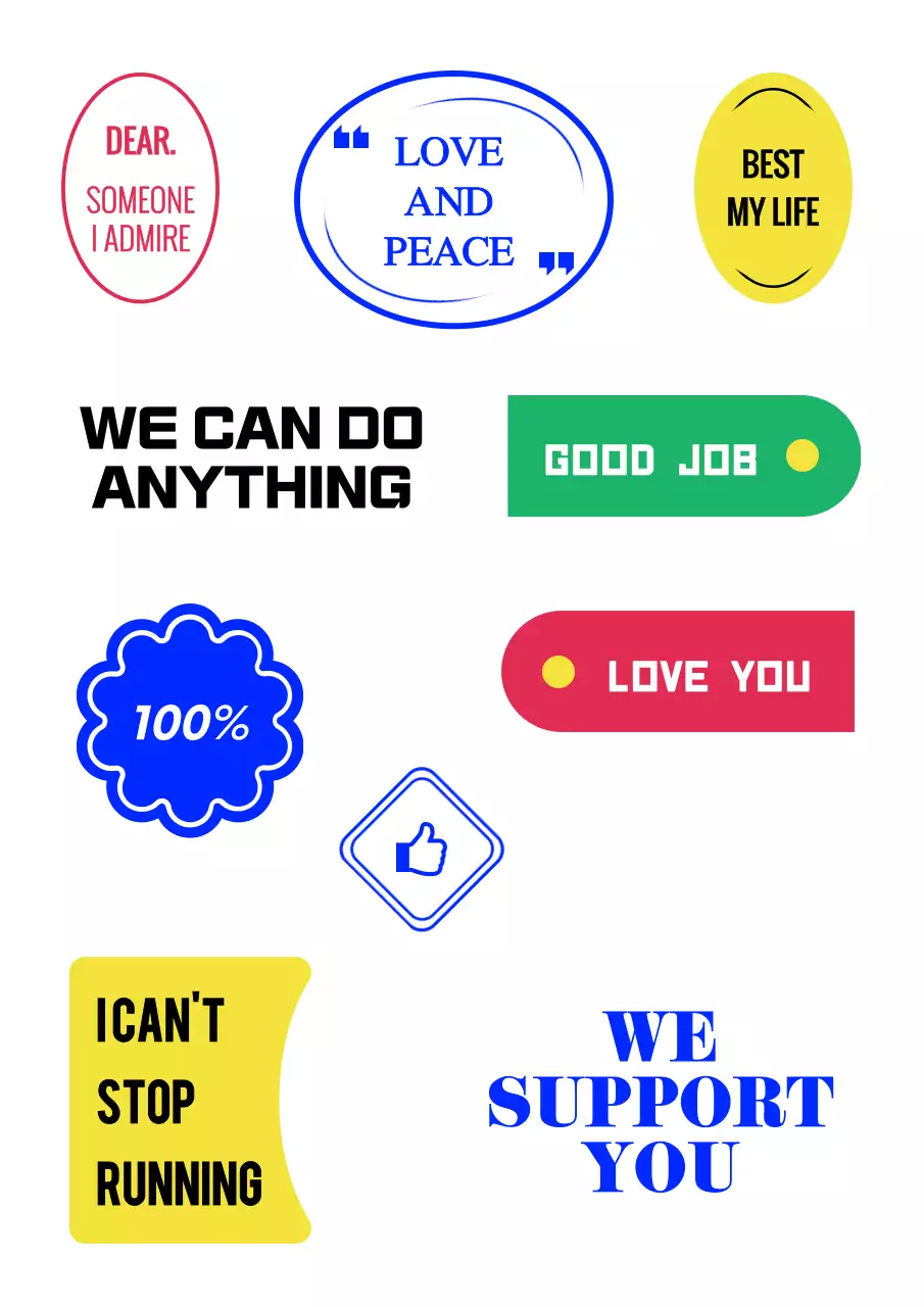 Một thiết kế nhãn dán đơn giản bao gồm văn bản tiếng Anh đầy màu sắc và các hình minh họa.