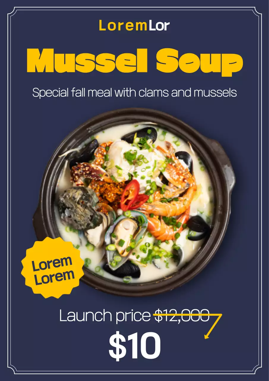 A clean layout of mussel soup photos and text, with yellow accents for a fall seasonal dish Catering