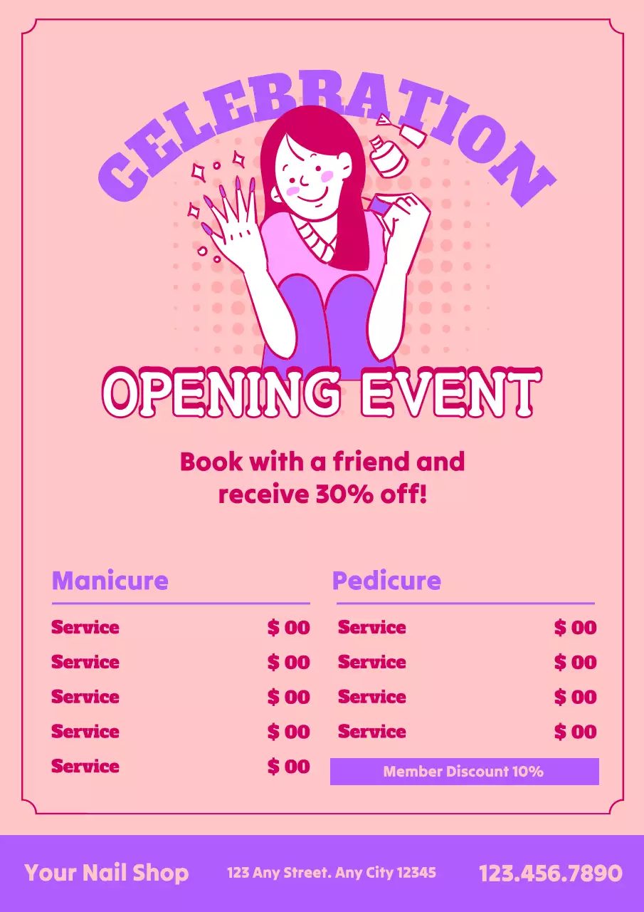 A cute nail art shop opening event with an illustration of a person doing pink nail art.