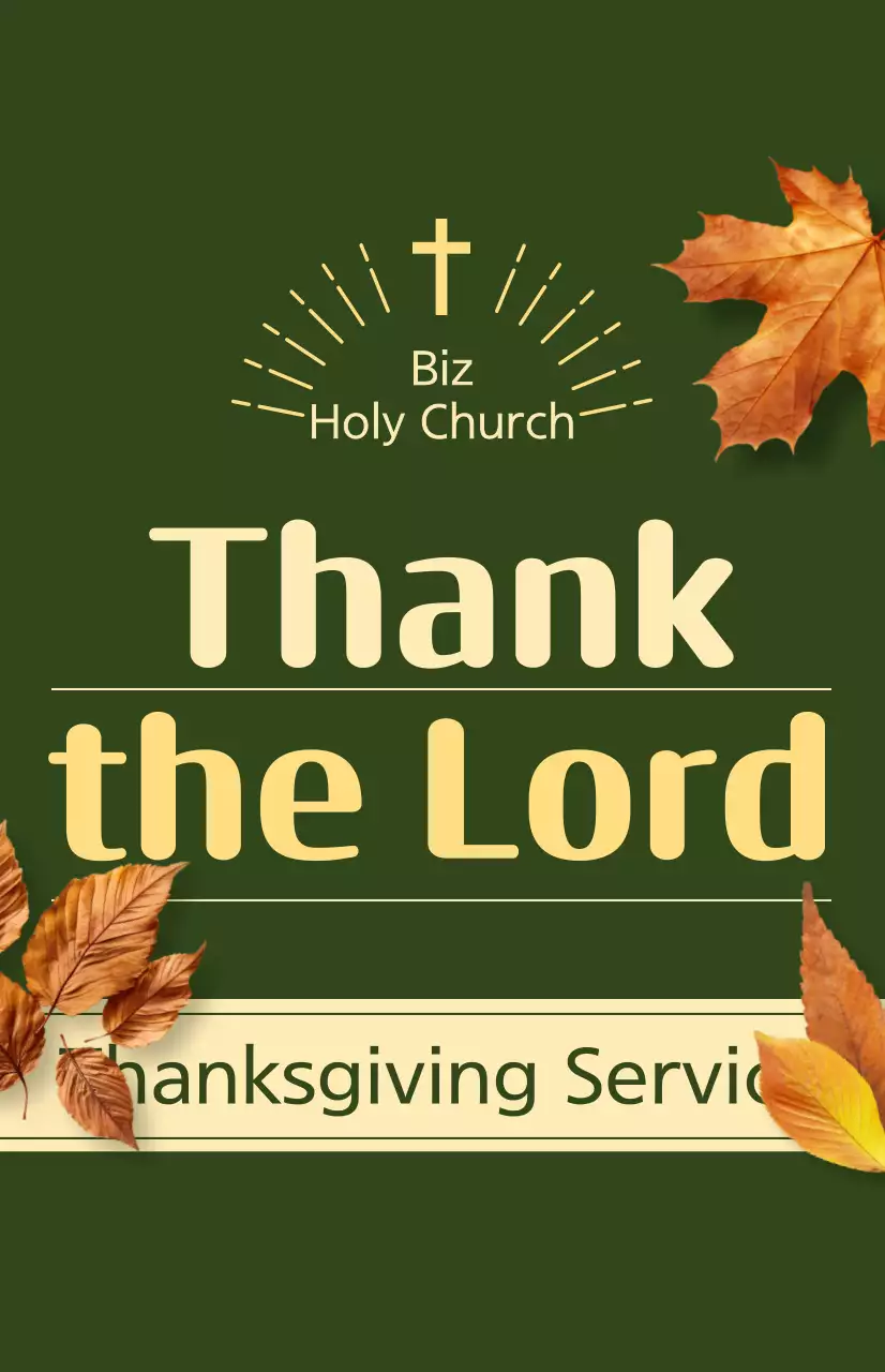 Promoção de um serviço religioso de outono com texto relacionado com a Ação de Graças e uma ilustração fotográfica de folhas a cair.
