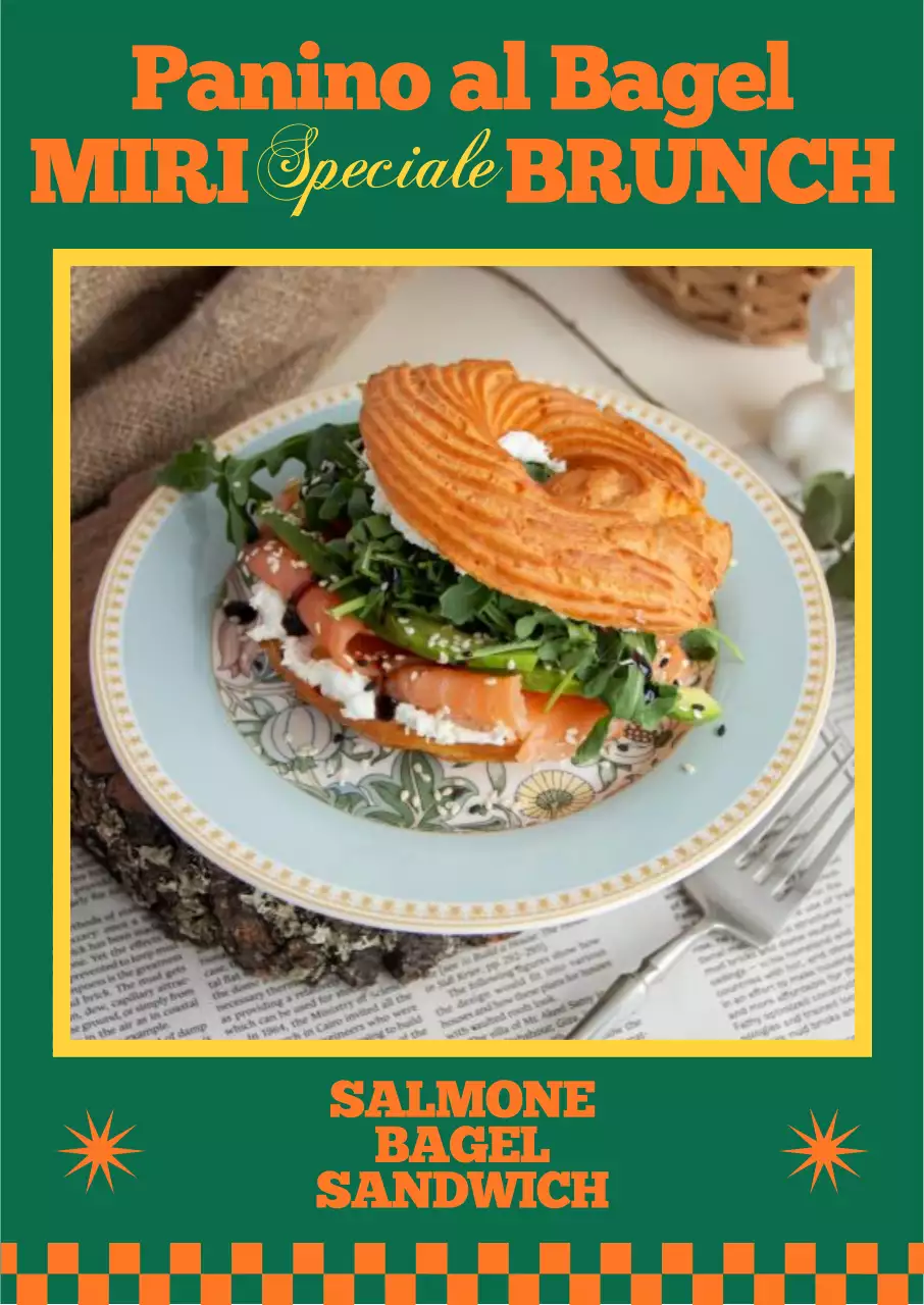 Menu del caffè con bagel al salmone al Pointul June Brunch con sfondo verde fresco e schema di colori arancione complementare