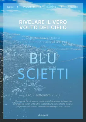 Annuncio di evento con sfondo fotografico blu e moderno skyline