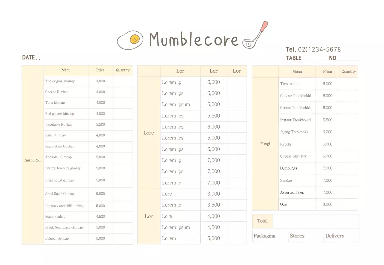 mẫu đơn đặt hàng nhà hàng