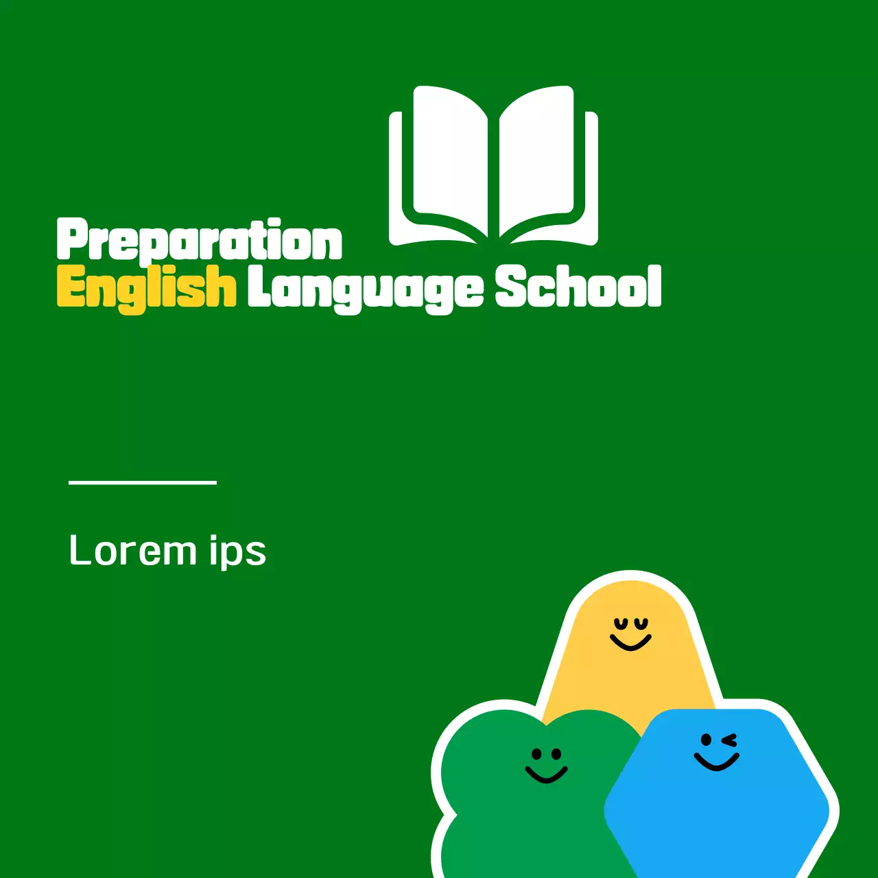 For promoting an elementary school English language school with cute green and yellow shaped character illustrations.