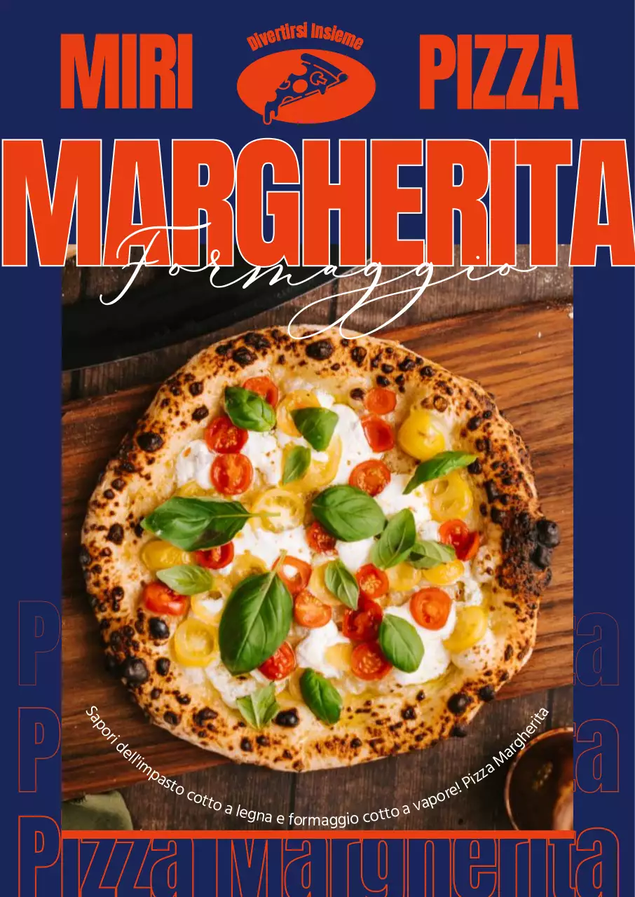 Menu pizza con uno sfondo blu nitido e un font arancione dinamico e audace