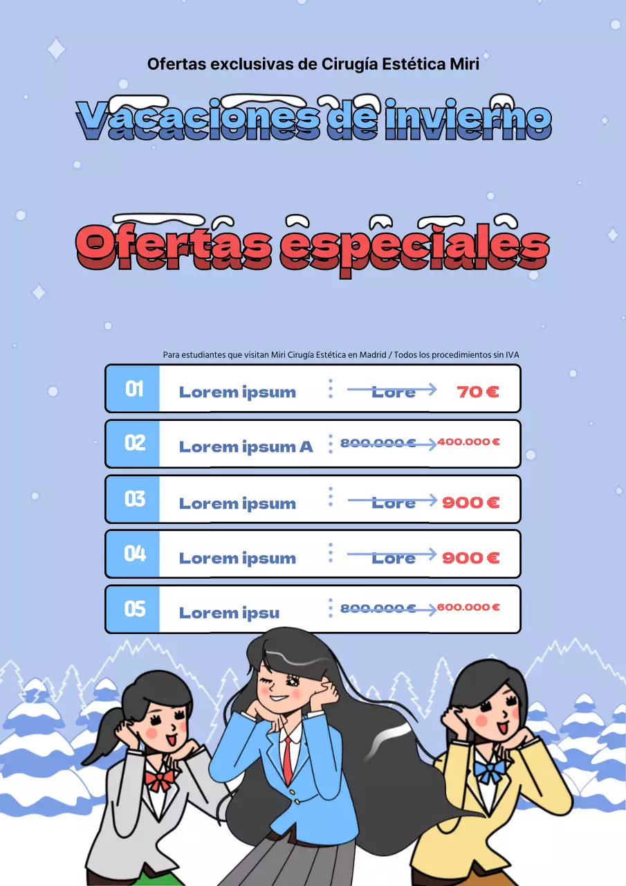 Simpático folleto de invierno de cirugía plástica en azul claro y rojo