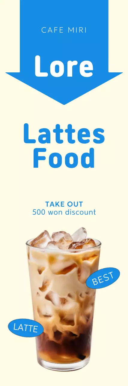 Promote a simple cafe with an arrow in a light blue accent color.