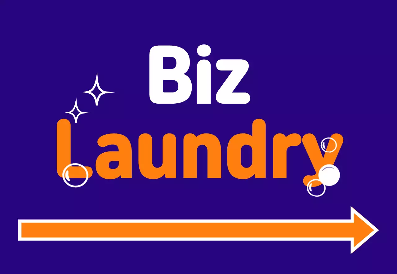 Biển hiệu cửa hàng dễ đọc với văn bản Giặt ủi hạt màu xanh, vàng, cam và trắng cùng hình minh họa các giọt nước, ngôi sao và mũi tên