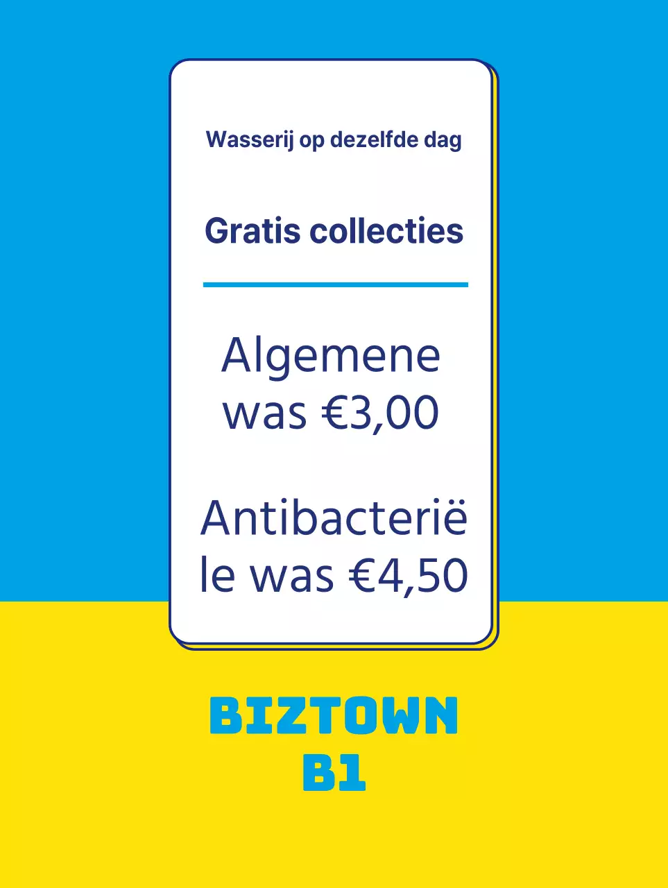 Gave wasserette banner in geel en lichtblauw