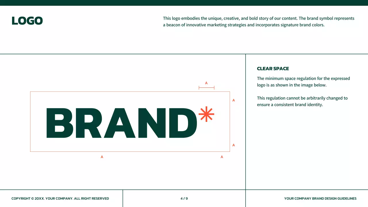 Simple brand guidelines in green with orange accents