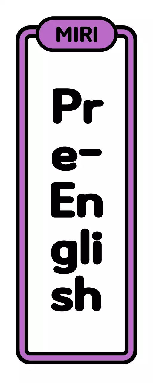 A simple school sign with black, white, green, and purple pre-English text and frame illustrations.