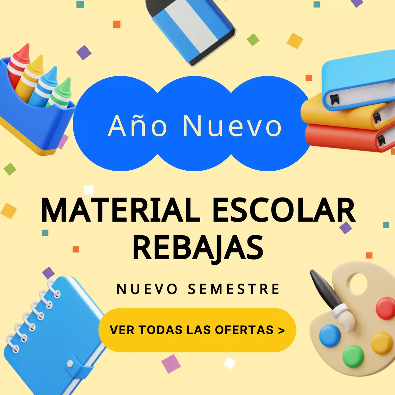 Exposición tridimensional en amarillo y azul de material escolar nuevo