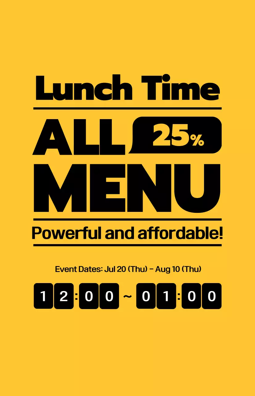 Promover ofertas de almoço com texto preto contrastante sobre um fundo amarelo