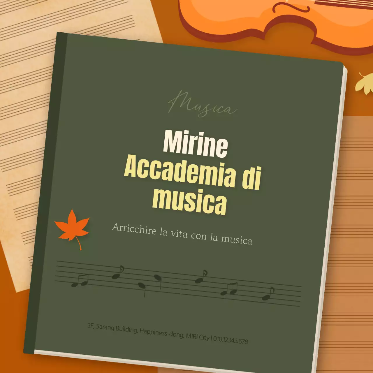 Promozione di un'accademia musicale con un concetto di libro autunnale in arancione e marrone
