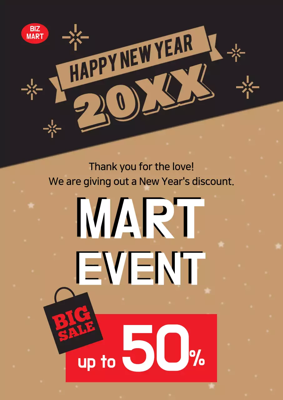 A simple grocery store New Year's sale event flyer in gold and black.