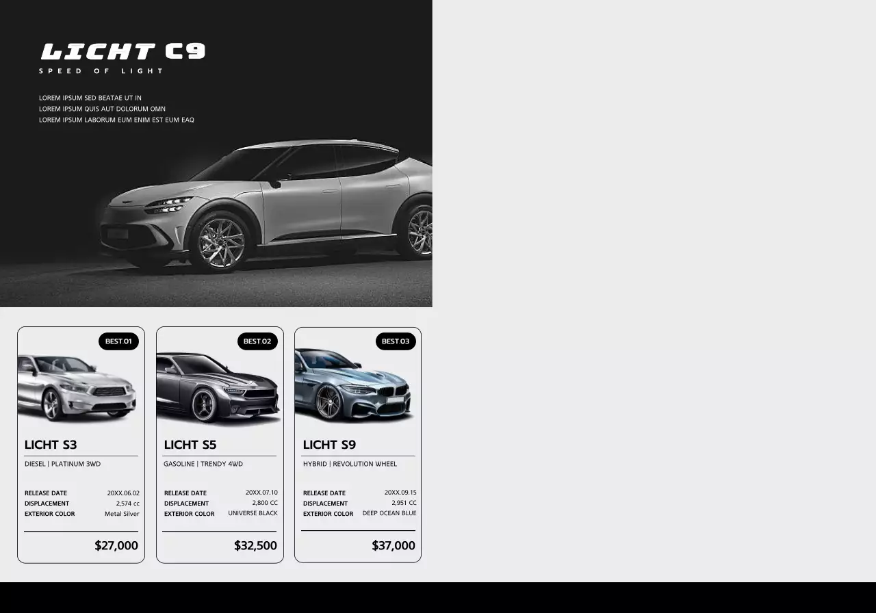 Untuk promosi mobil dealer mobil dengan foto mobil dalam desain yang sederhana dan ramping dalam warna hitam.