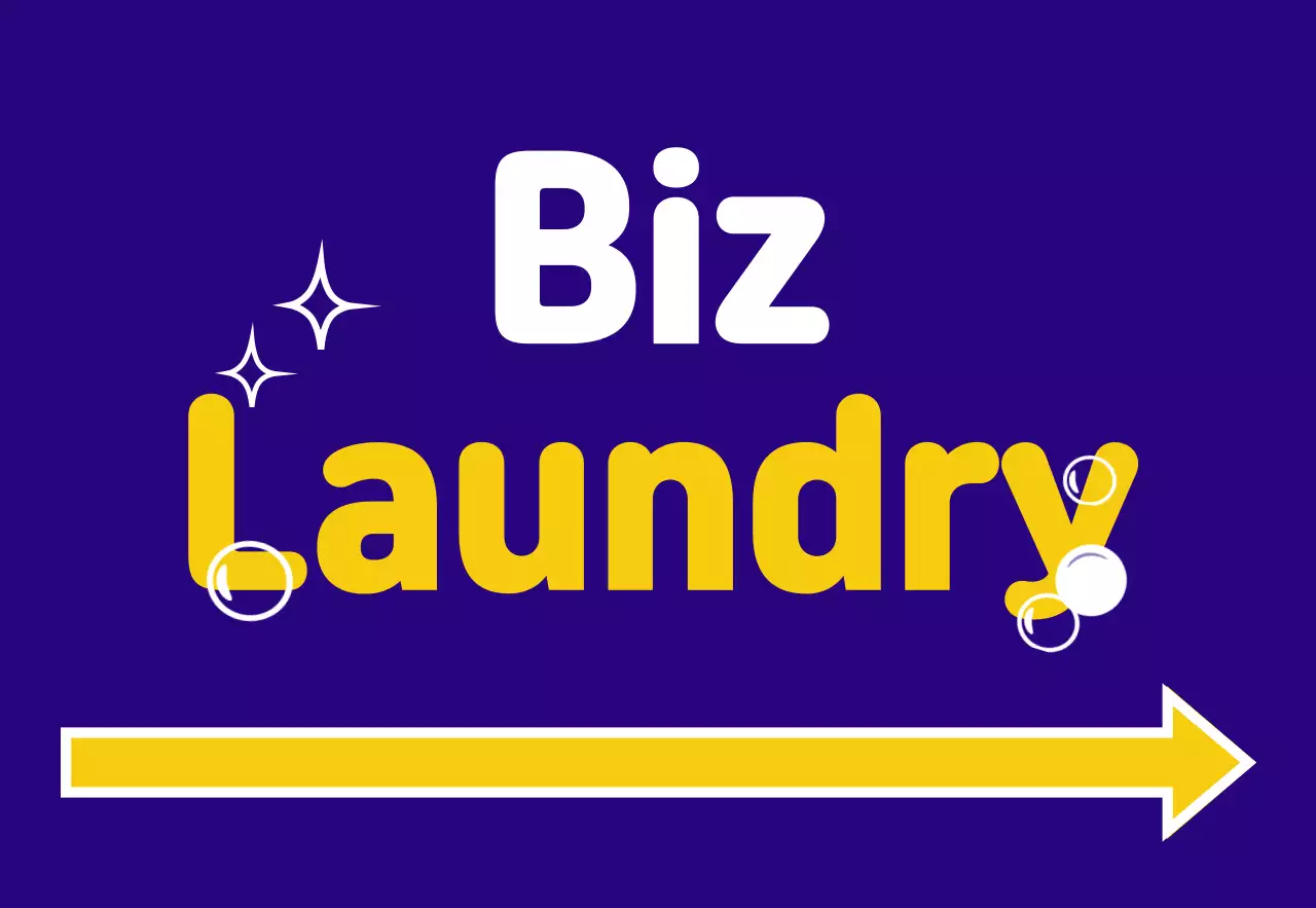 Easy-to-read store sign with blue, yellow, orange, and white beaded laundry text and polka dot, star, and arrow illustrations.
