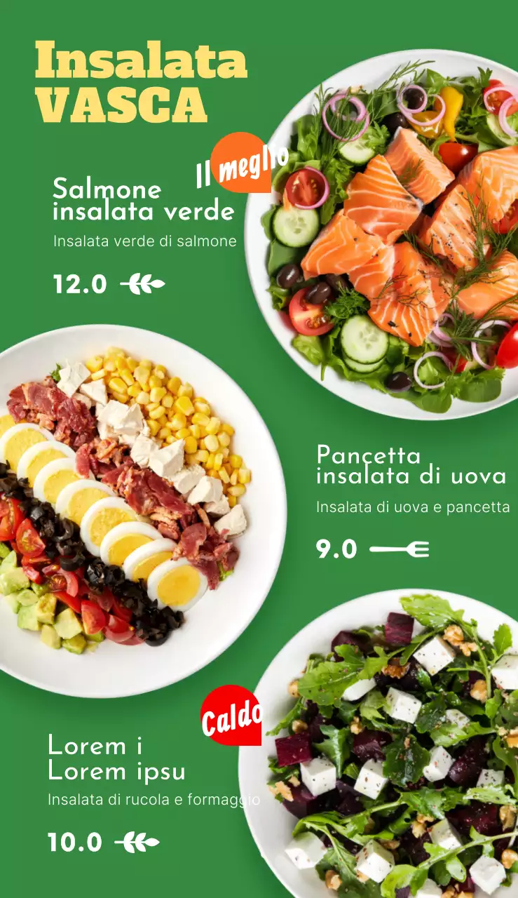 Insalata fresca con insalatiera arancione verde gialla, testo e logo relativi al menu