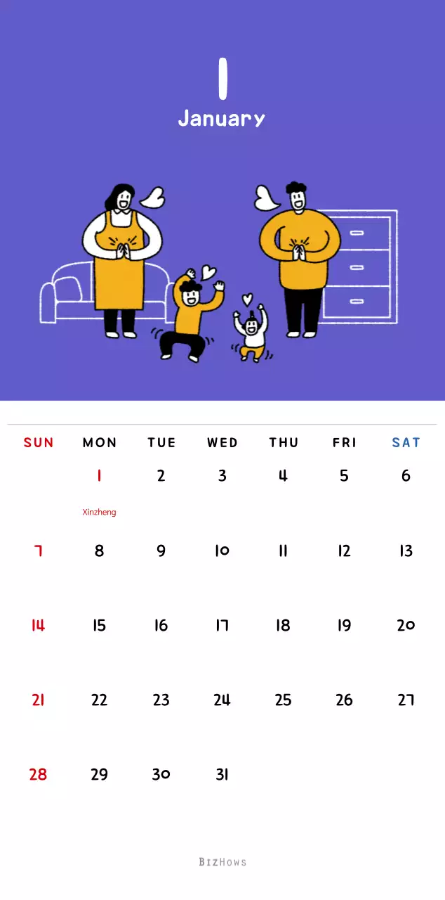 New Year's calendar with cute illustrations