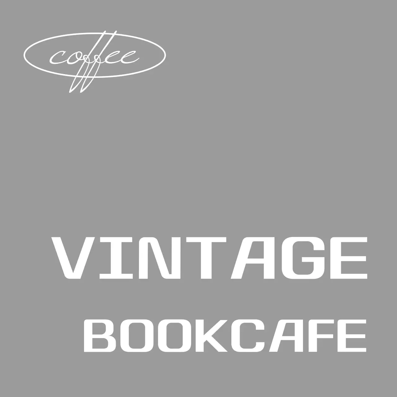 A simple storefront sign with black and white vintage bookcafe text and circular line shapes.