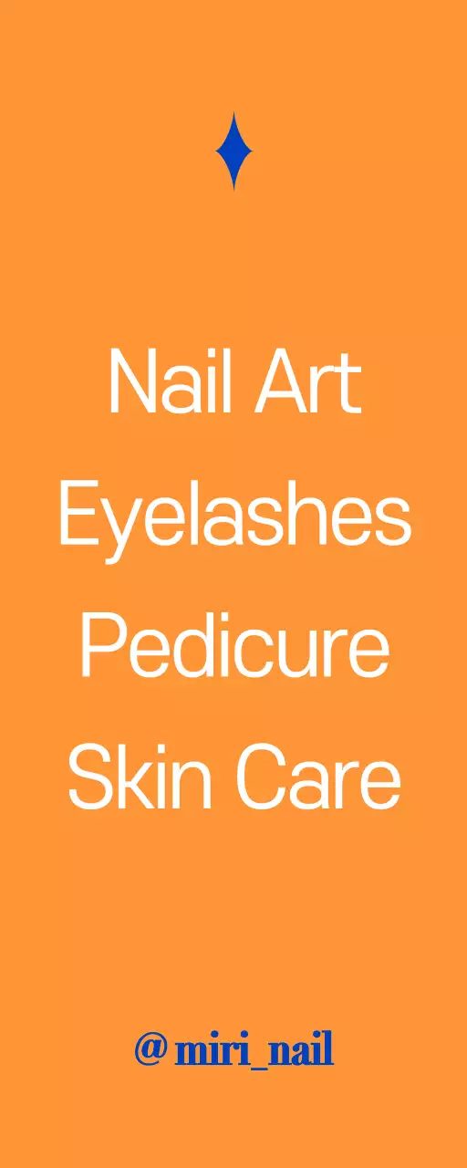 A clean nail art shop promotion with blue and orange text.