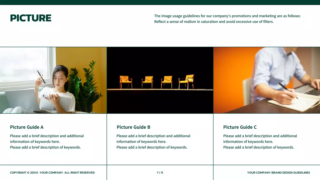Simple brand guidelines in green with orange accents