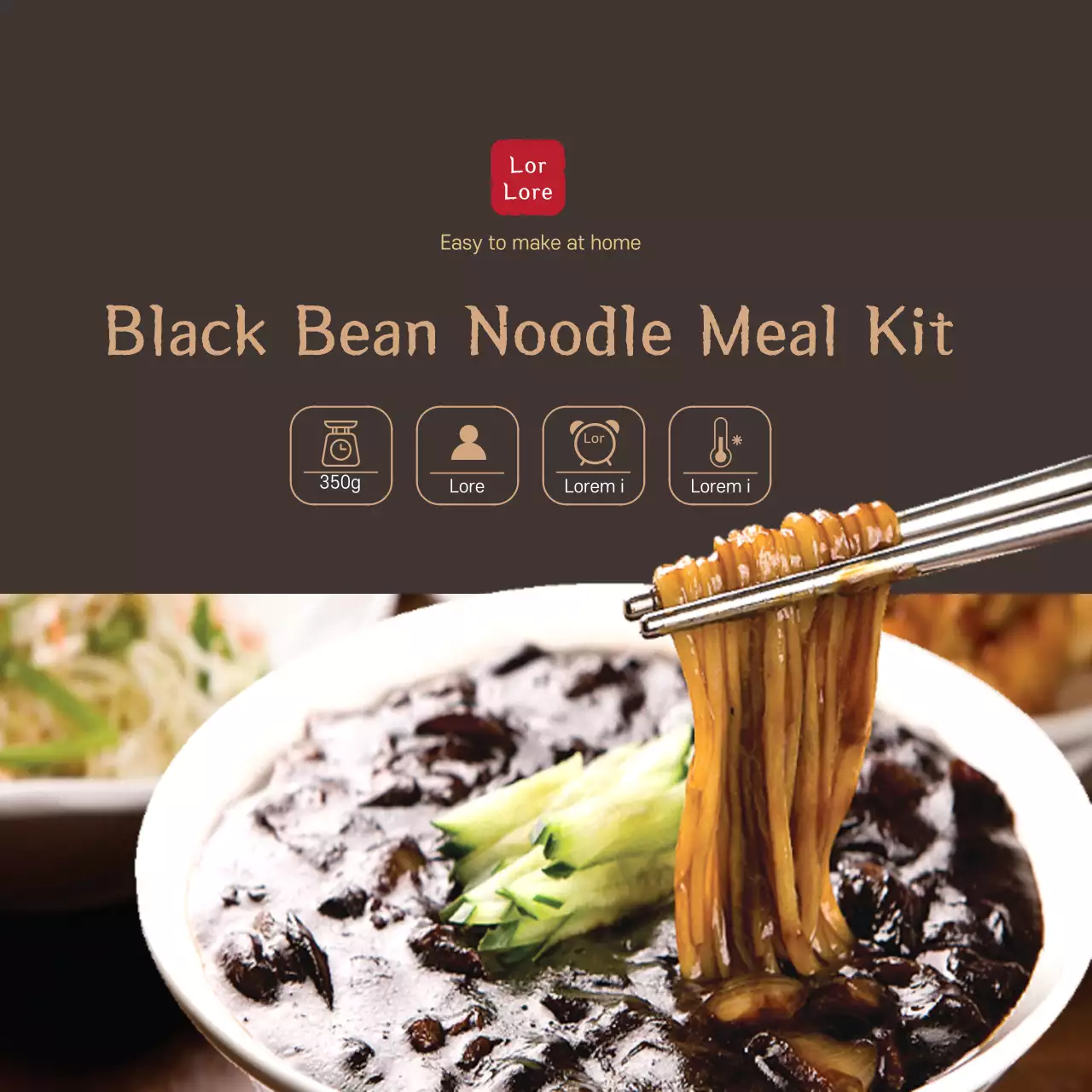 Stiker peralatan makan restoran Cina dengan foto jjajangmyeon berwarna coklat