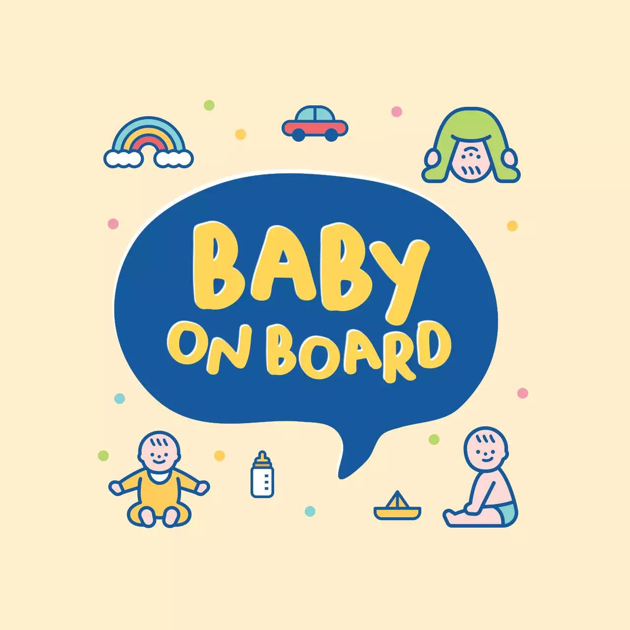 Yellow and blue cute illustration with a child riding on it