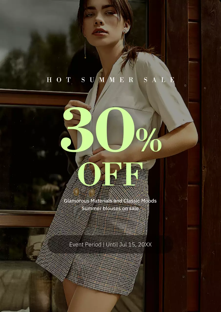 A clean apparel sale event with a lime green font-centered portrait background