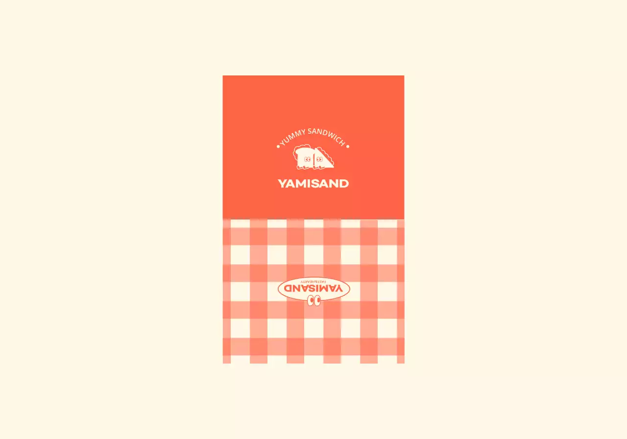 A sandwich shop with a red and yellow checkered pattern and cute characters