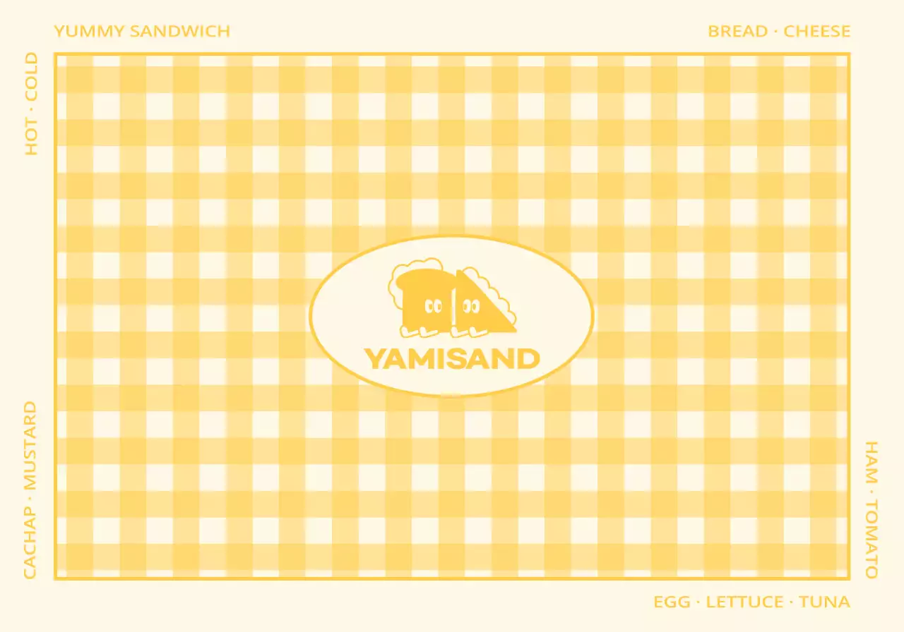 A sandwich shop with a red and yellow checkered pattern and cute characters