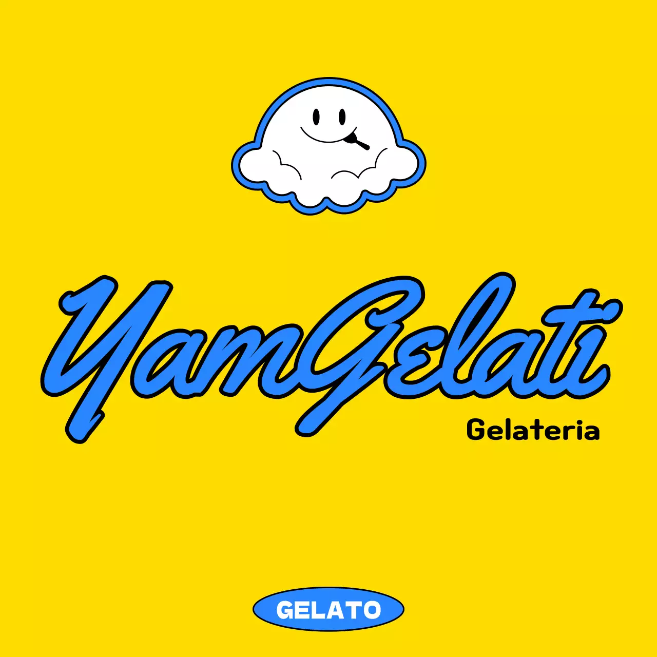 Promote a cute concept gelato shop with yellow and blue ice cream character illustrations.