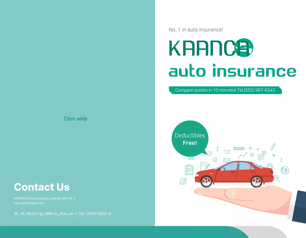 Mempromosikan asuransi mobil dengan foto dan piktogram mobil berwarna biru kehijauan dan putih.