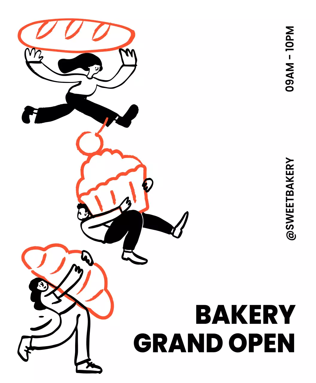 Toko roti yang emosional dan cerah dengan dekorasi yang dilukis dengan tangan berwarna merah dan hitam