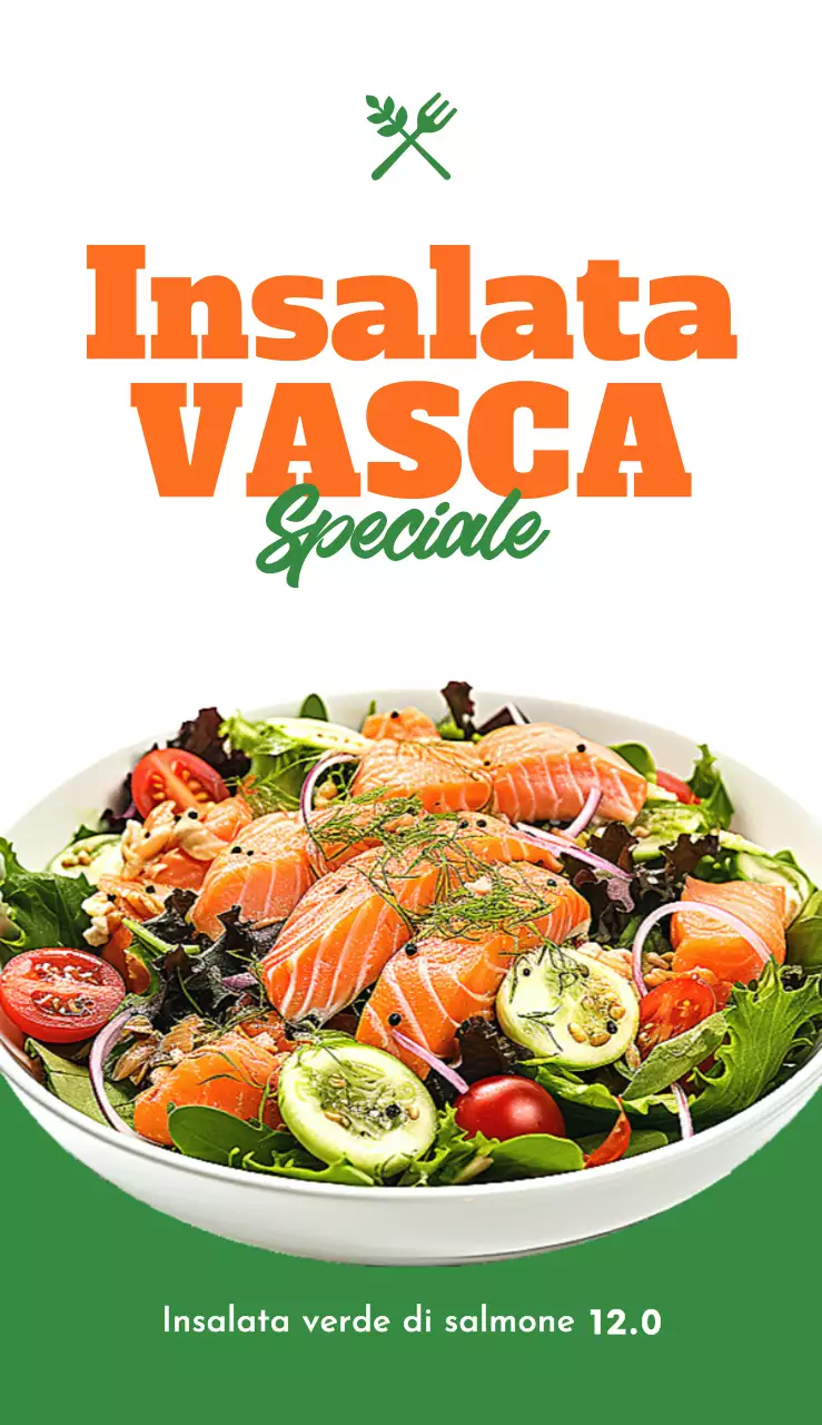 Insalata fresca con insalatiera arancione verde gialla, testo e logo relativi al menu