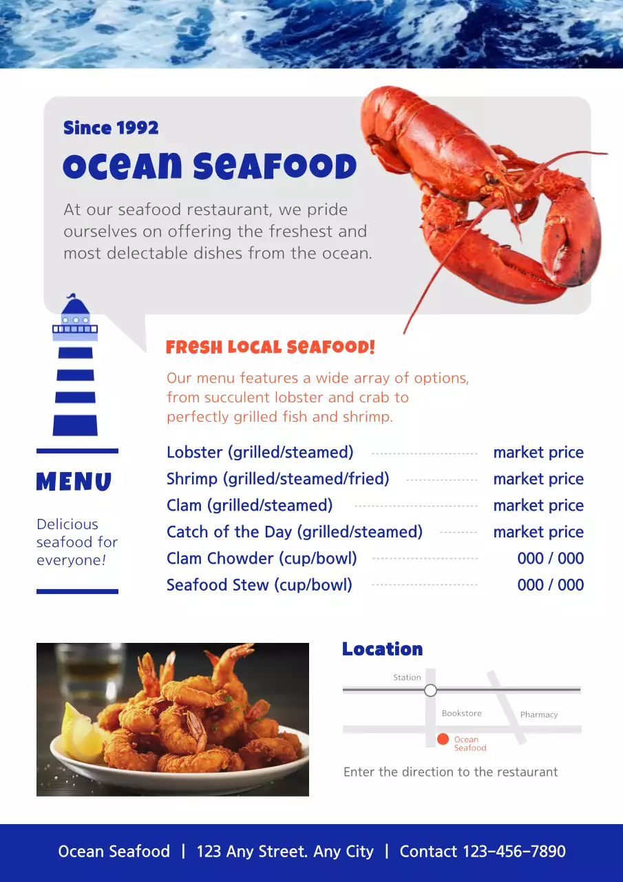 Blue Modern Seafood Menu Poster