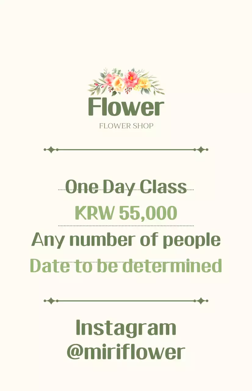 Promote a one-day class with green and ivory text and floral illustrations