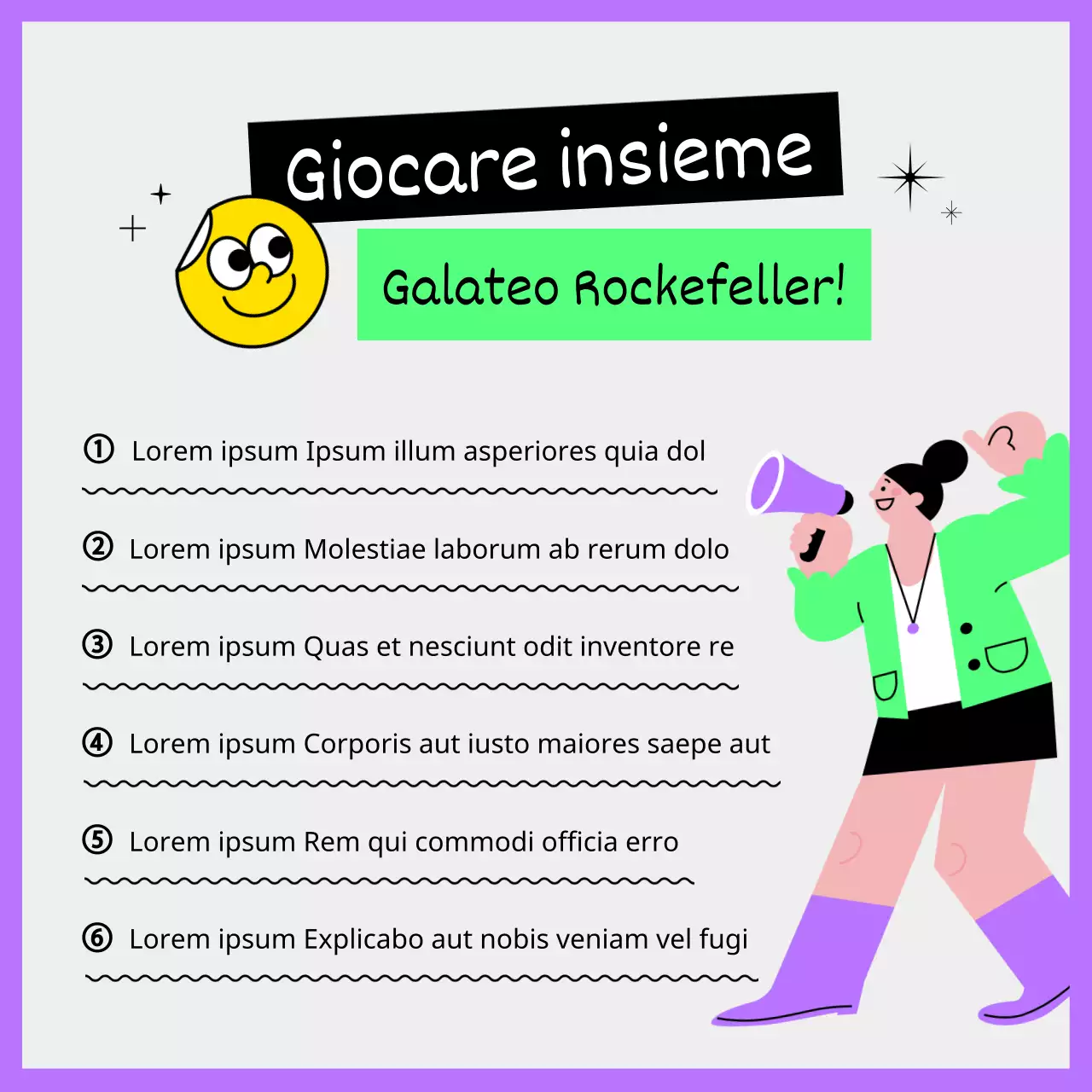 Guida per i festival estivi delle rock band con illustrazioni uniche e simpatiche in viola e chartreuse fluorescente.