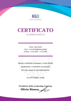 Semplice certificato di formazione aziendale con sfumatura blu-viola
