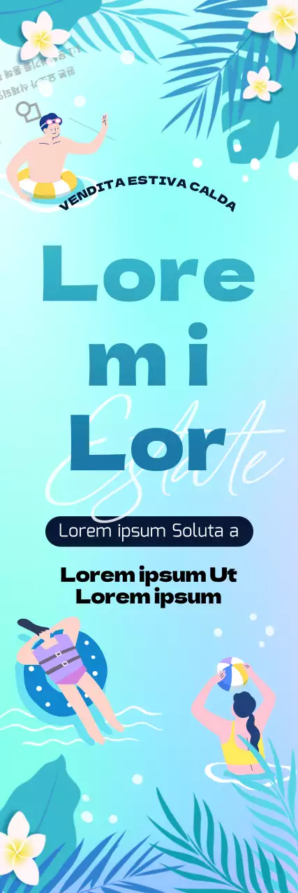 Un evento per le vacanze estive con un fresco sfondo sfumato dell'oceano, palme e illustrazioni di nuoto.