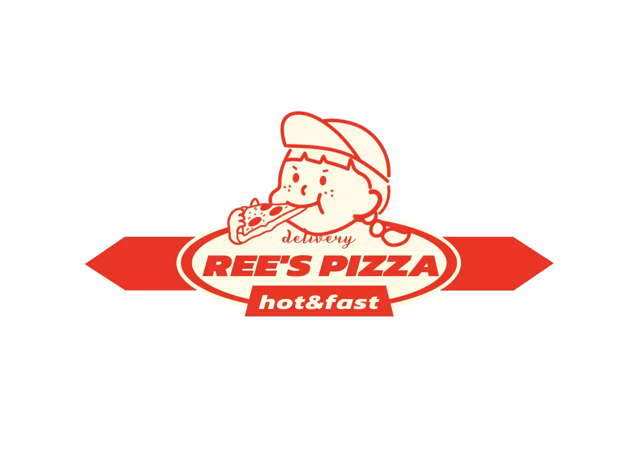A pizzeria logo with a cute red and yellow illustration