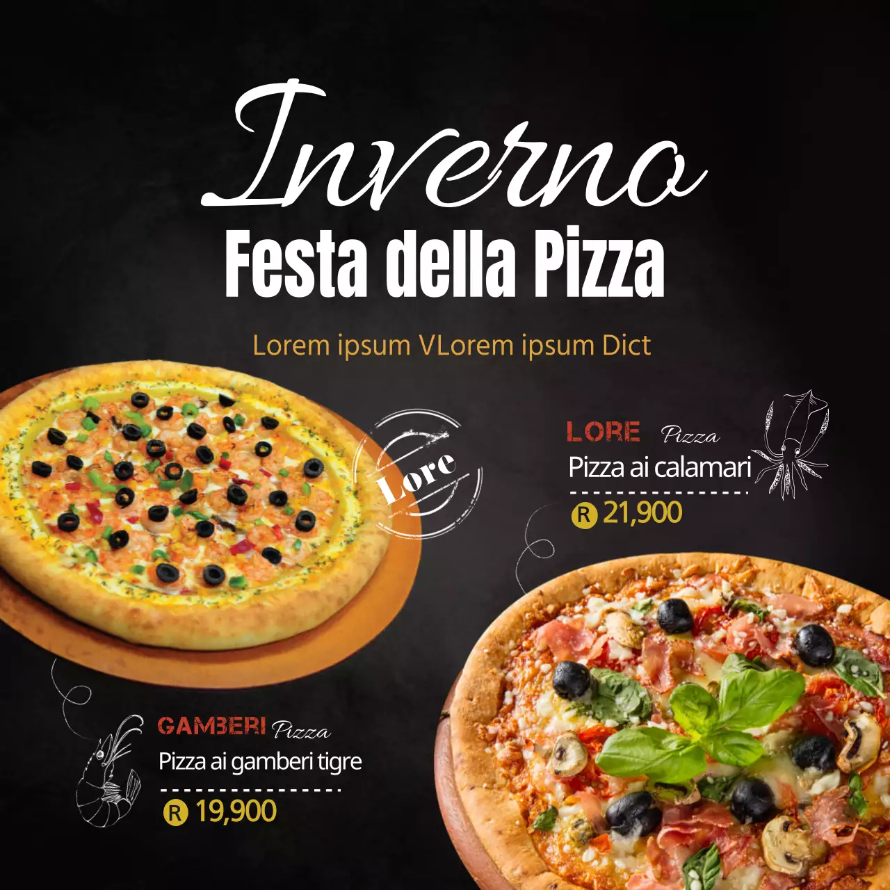 Nuovo menu di pizza ai frutti di mare